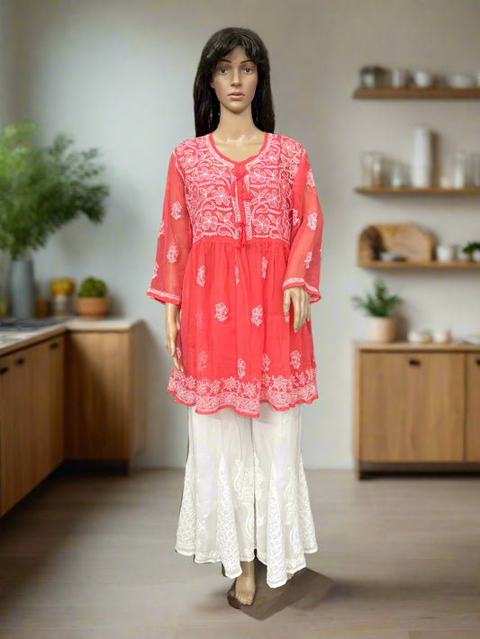 Lucknowi Chikankari Coral Pink Georgette Short Kurti-T50011