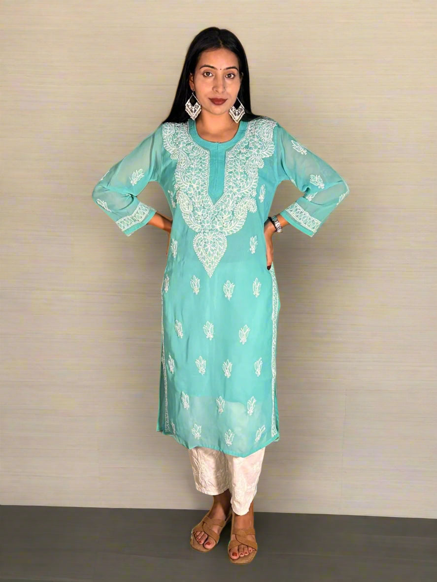 Lucknowi Chikankari Green Georgette Kurti-K000065