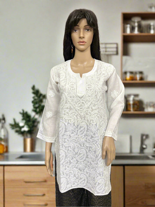 Lucknowi Chikankari White Cotton Short Kurti-T000057