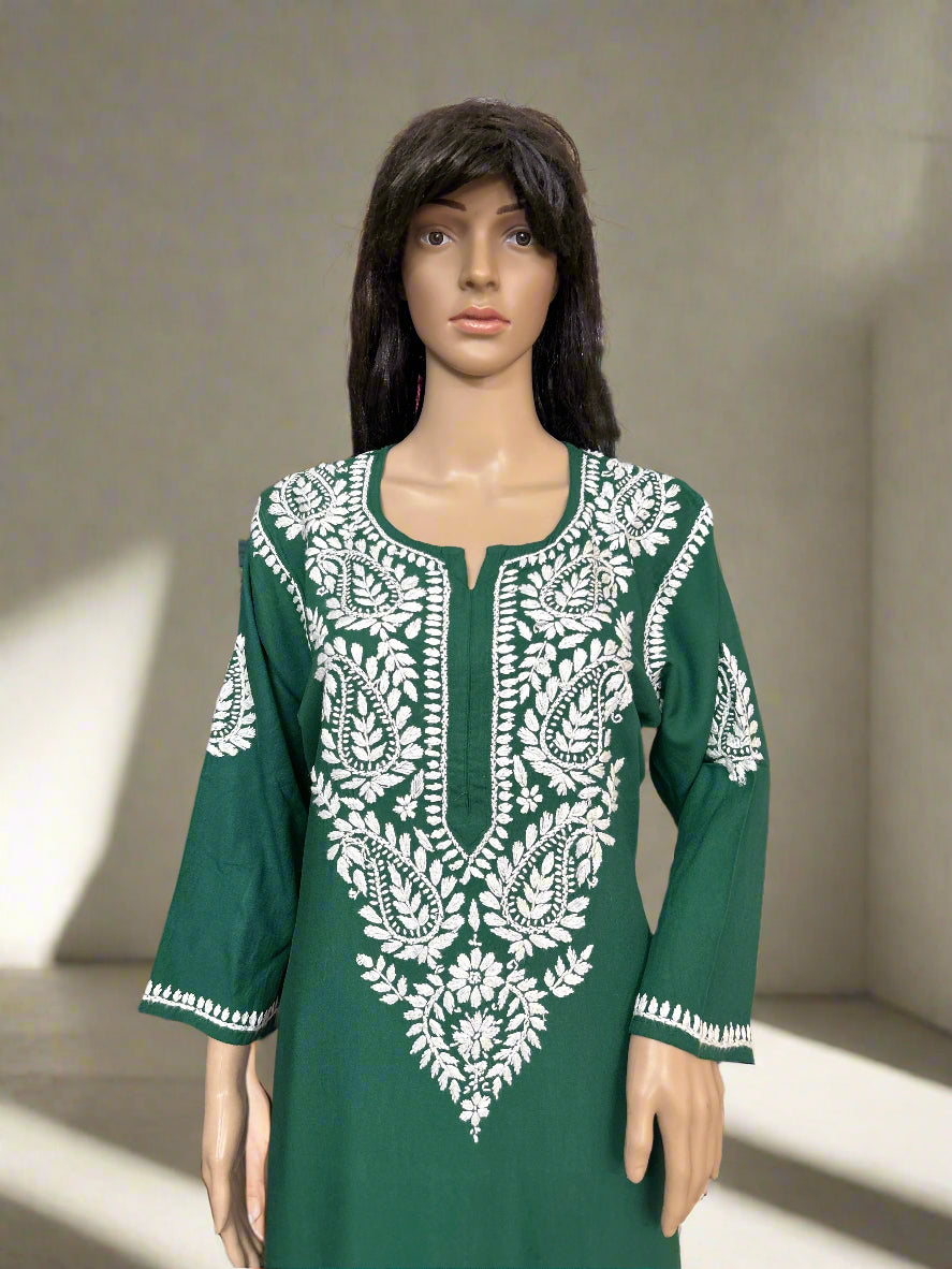 Lucknowi Chikankari Green Rayon Kurti-K50076
