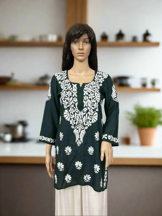 Lucknowi Chikankari Green Modal Short Kurti-T000045