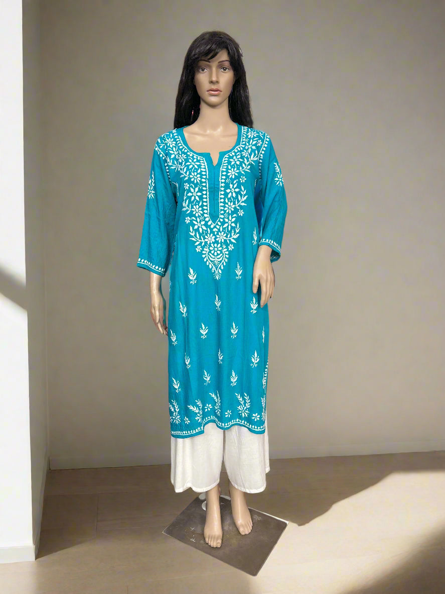 Lucknowi Chikankari Blue Rayon Kurti-K000154