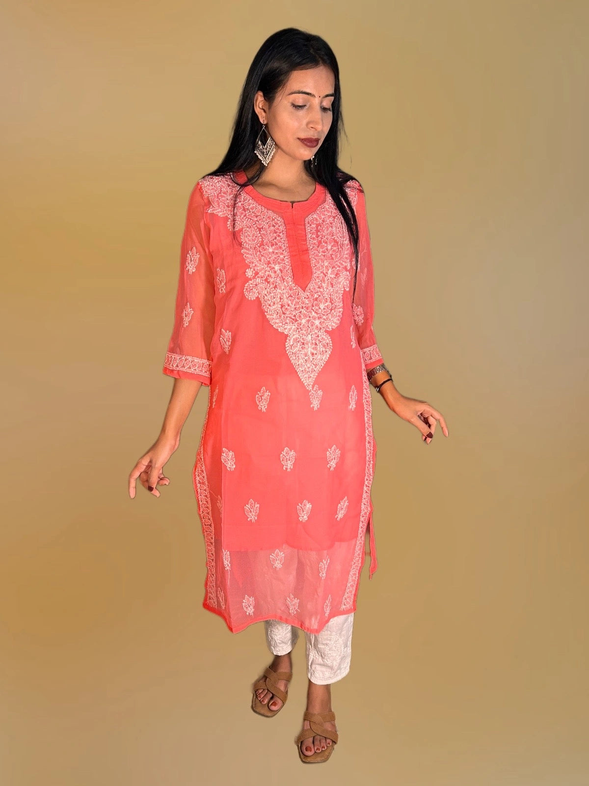 Lucknowi Chikankari Coral Pink 'Shagufta' Georgette Kurti-K000062