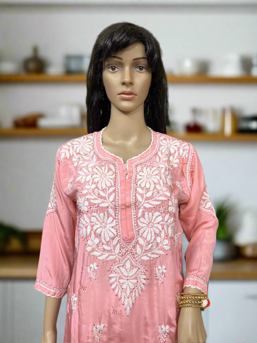 Lucknowi Chikankari Crape Pink Kurti-K000132