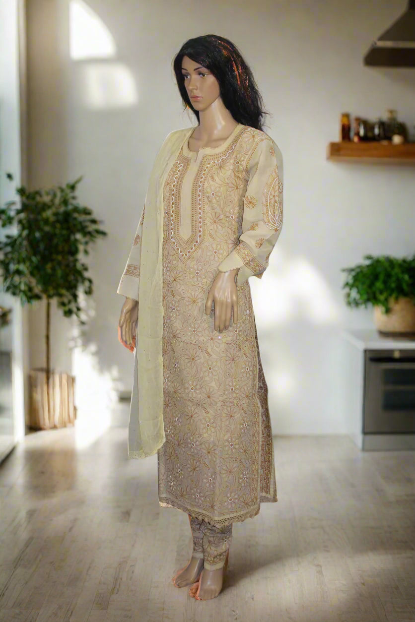Lucknowi Chikankari Fawn Cotton 3 Piece Kurta-Chudidar Pyjama-Dupatta Set-PJ00004