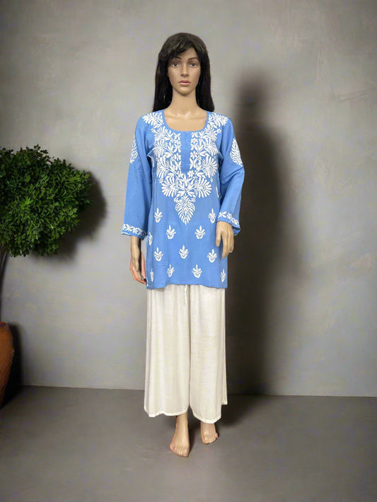 Lucknowi Chikankari Blue Modal Short Kurti-T000054