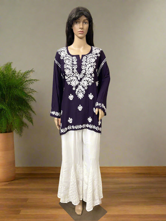Lucknowi Chikankari Purple Rayon Short Kurti-T60003