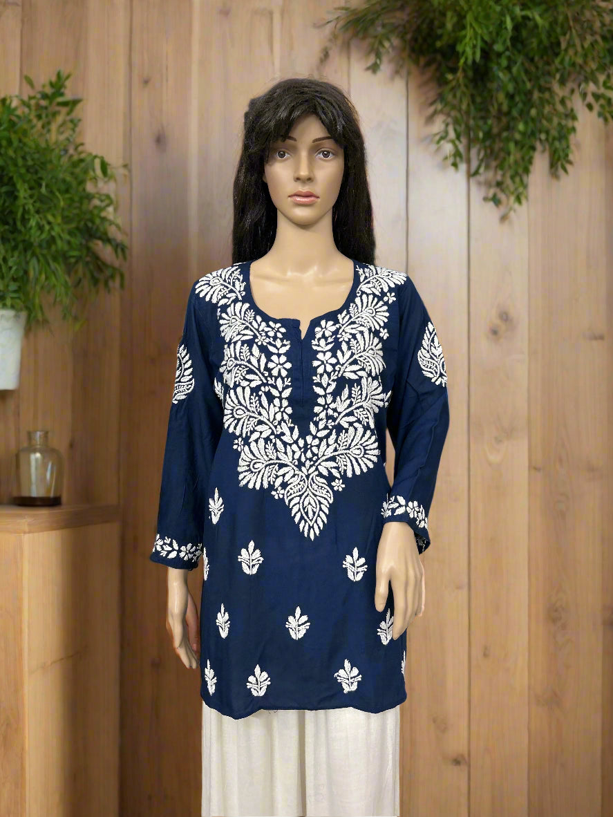 Lucknowi Chikankari Navy Blue Modal Short Kurti-T000046