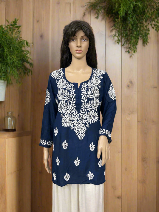 Lucknowi Chikankari Navy Blue Modal Short Kurti-T000046