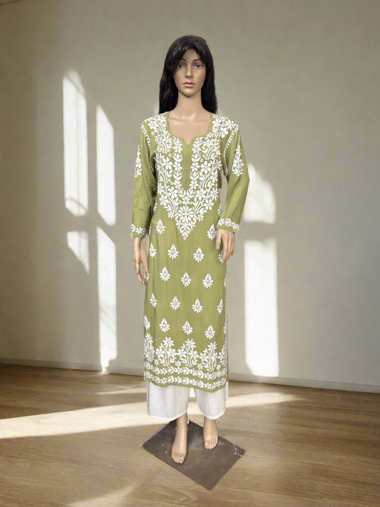 Lucknowi Chikankari Green Modal Kurti-K000141