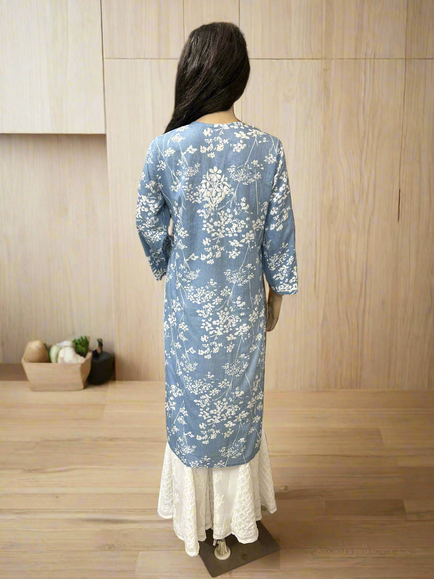 Lucknowi Chikankari Grey Printed Cotton Kurti-K000181