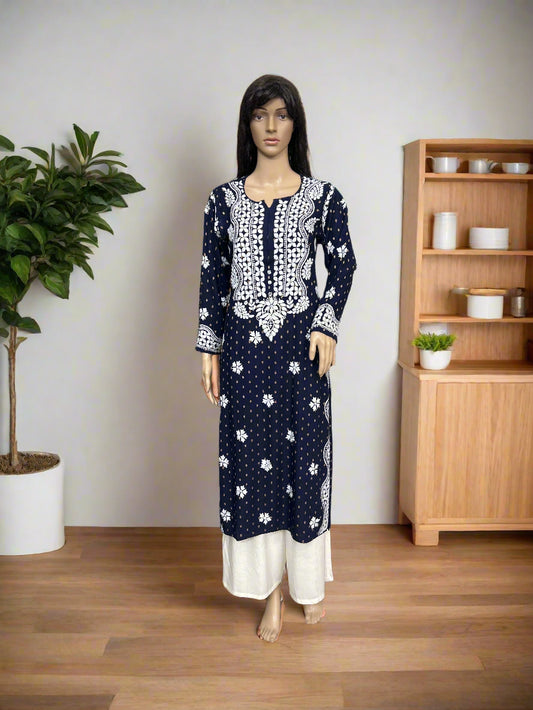 Lucknowi Chikankari Navy Blue Rayon Kurti-K000086