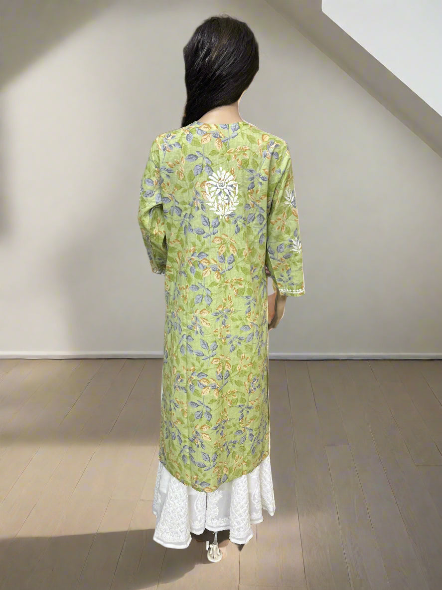 Lucknowi Chikankari Green Printed Cotton Kurti-K000177