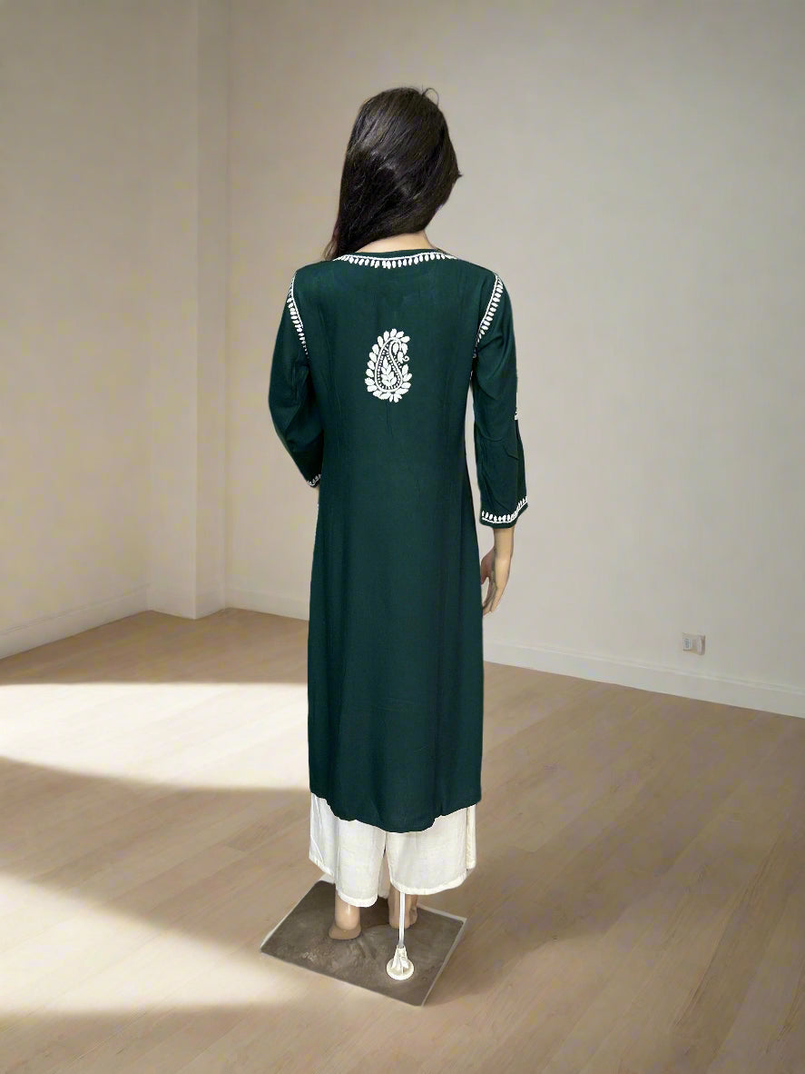 Lucknowi Chikankari Green Rayon Kurti-K20009