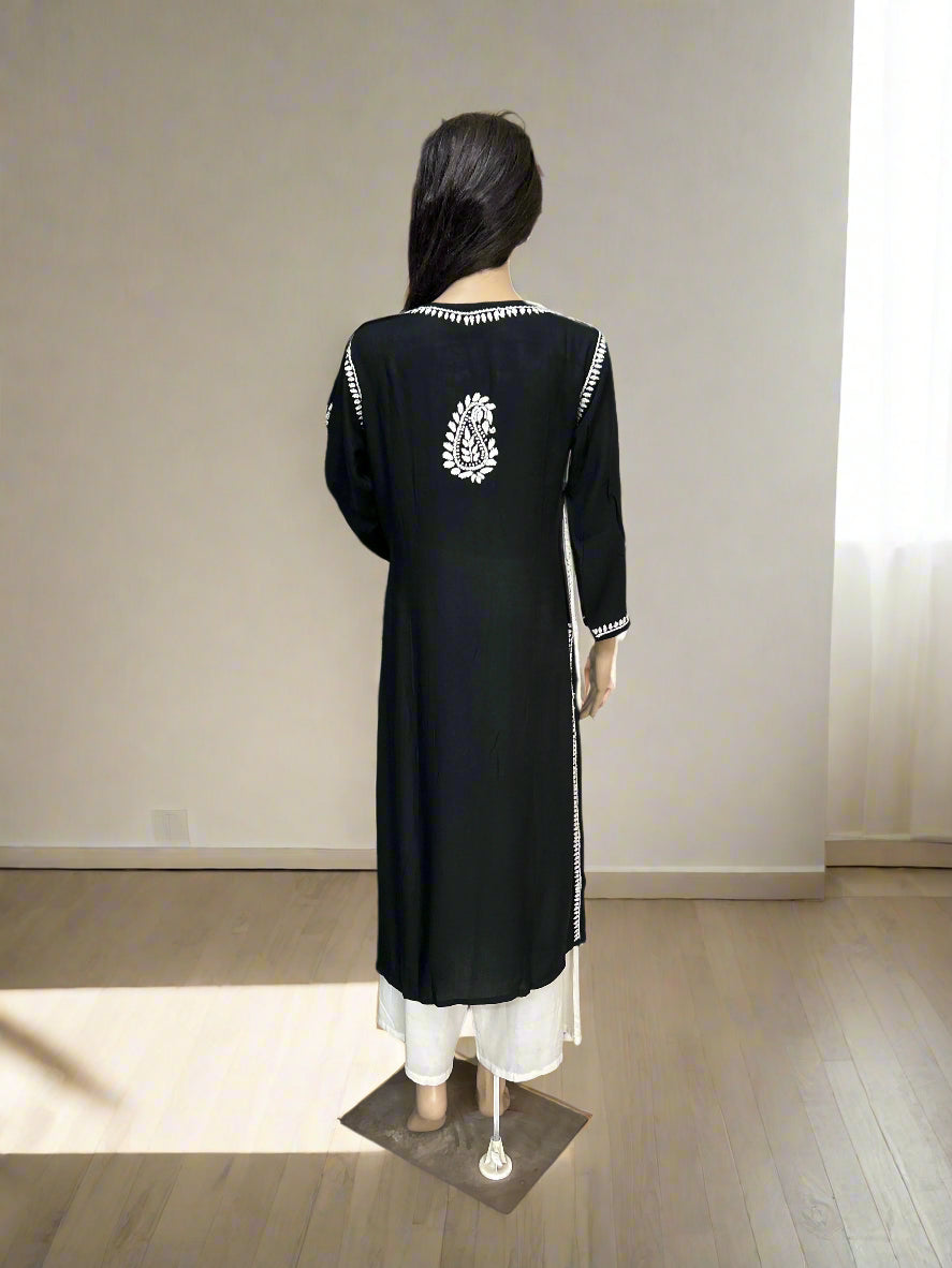 Lucknowi Chikankari Black Rayon Kurti-K000166