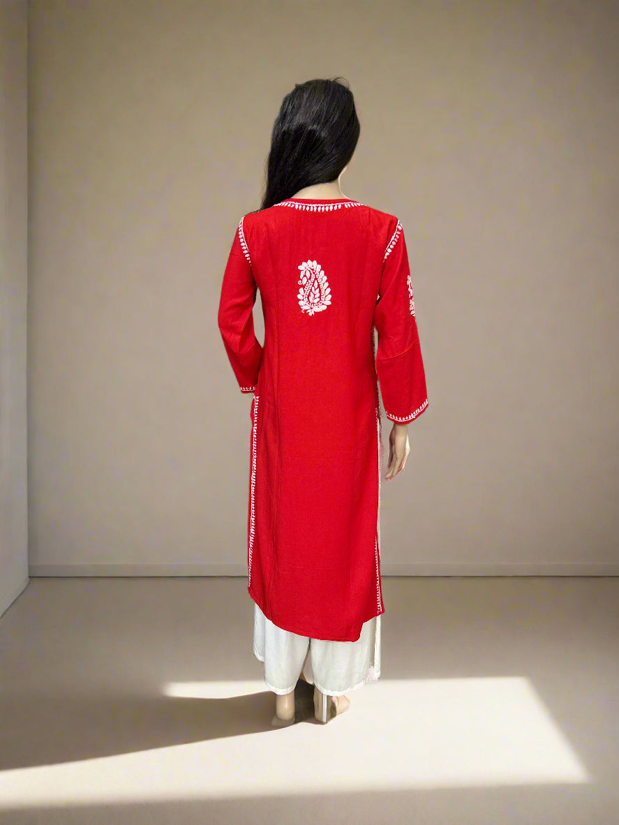 Lucknowi Chikankari Red Rayon Kurti-K000169