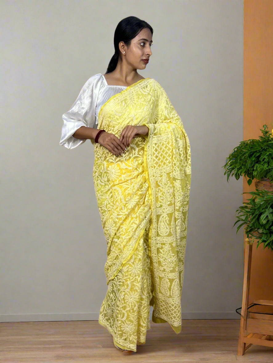 Lucknowi Chikankari Yellow Georgette Saree (With Blouse)-PF100006