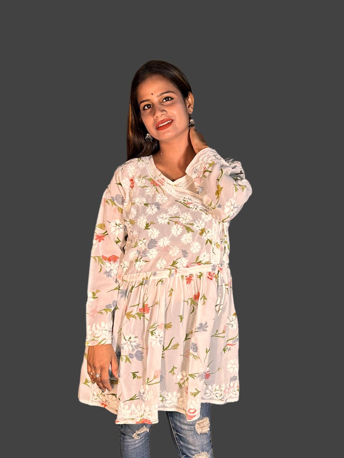 Lucknowi Chikankari White 'Ujaala' Printed Georgette Angrakha Styled Short Kurti-T000008