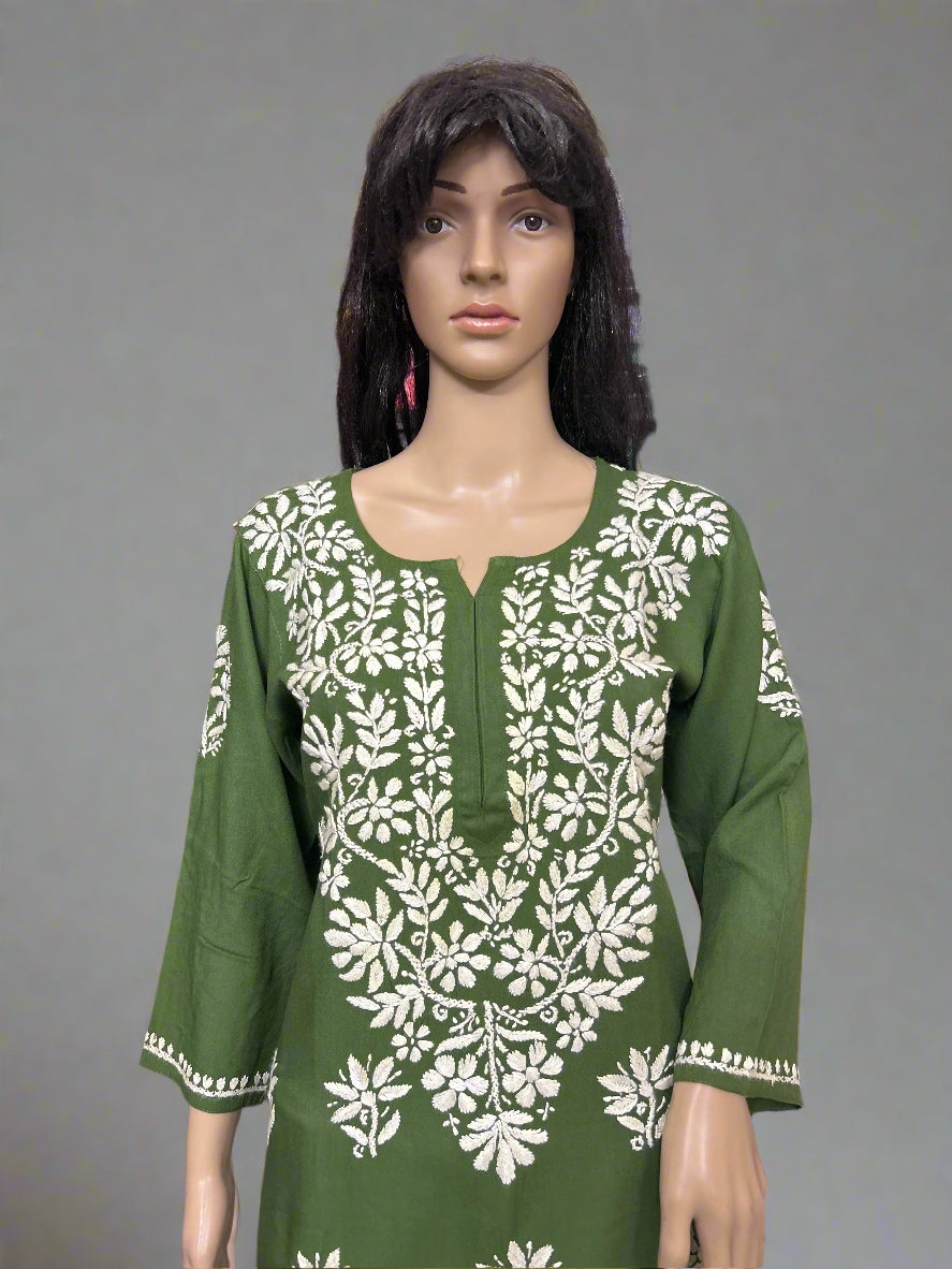 Lucknowi Chikankari Green Rayon Kurti-K000163