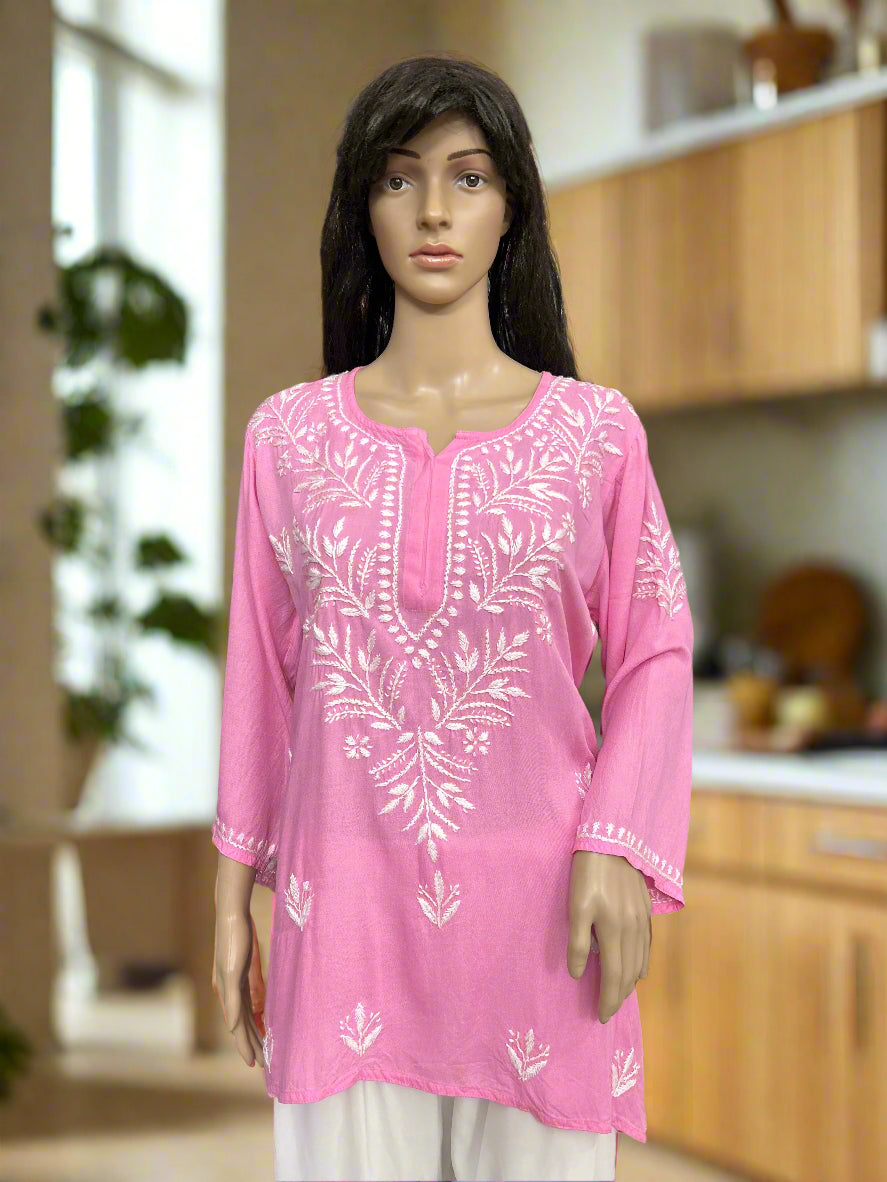 Lucknowi Chikankari Pink Rayon Short Kurti-T000067