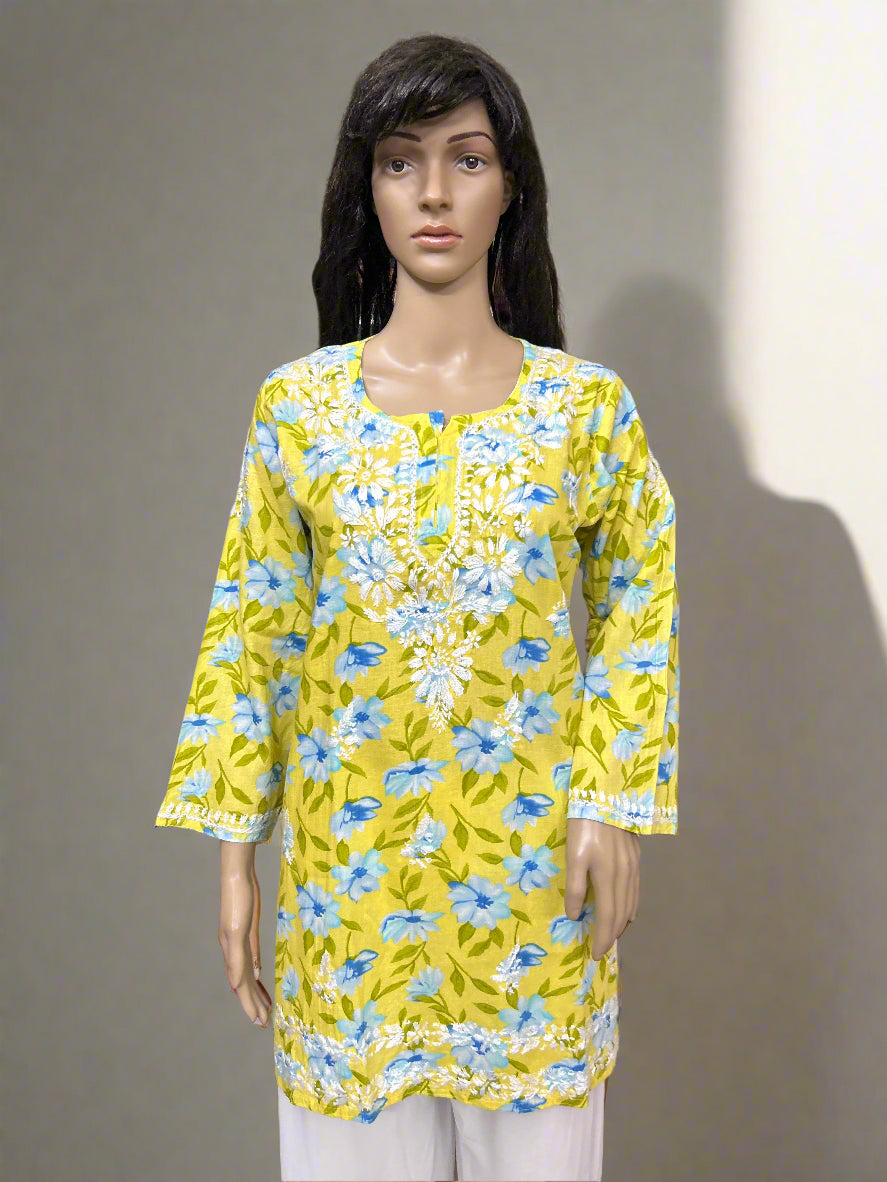 Lucknowi Chikankari Yellow Printed Cotton Short Kurti-T50019