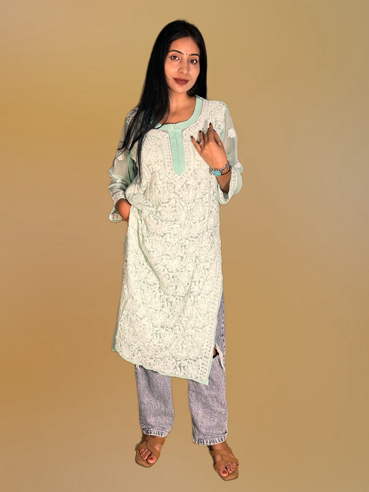 Lucknowi Chikankari Green Georgette Kurti-K000056