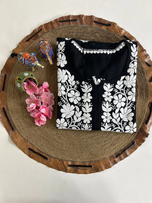 Lucknowi Chikankari Black Modal Kurti-K000136