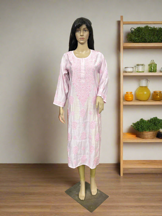 Lucknowi Chikankari Pink Chanderi Kurti-K000173