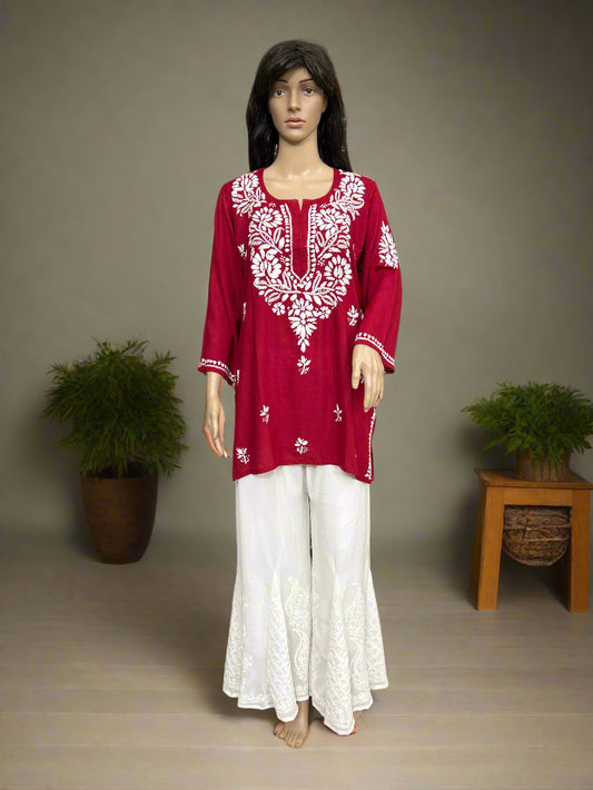 Lucknowi Chikankari Red Rayon Short Kurti-T000064