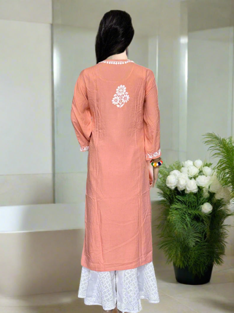 Lucknowi Chikankari Pinkish Orange Modal Kurti-K000100