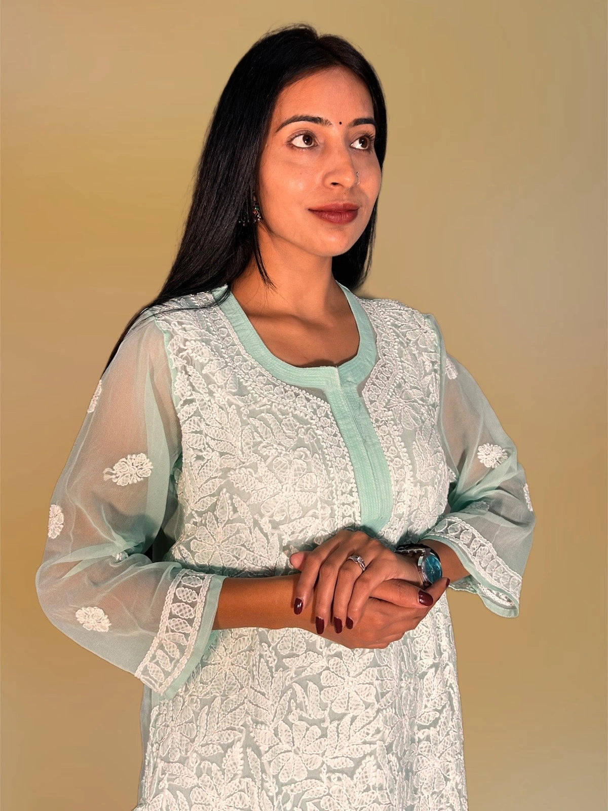 Lucknowi Chikankari Green Georgette Kurti-K000056
