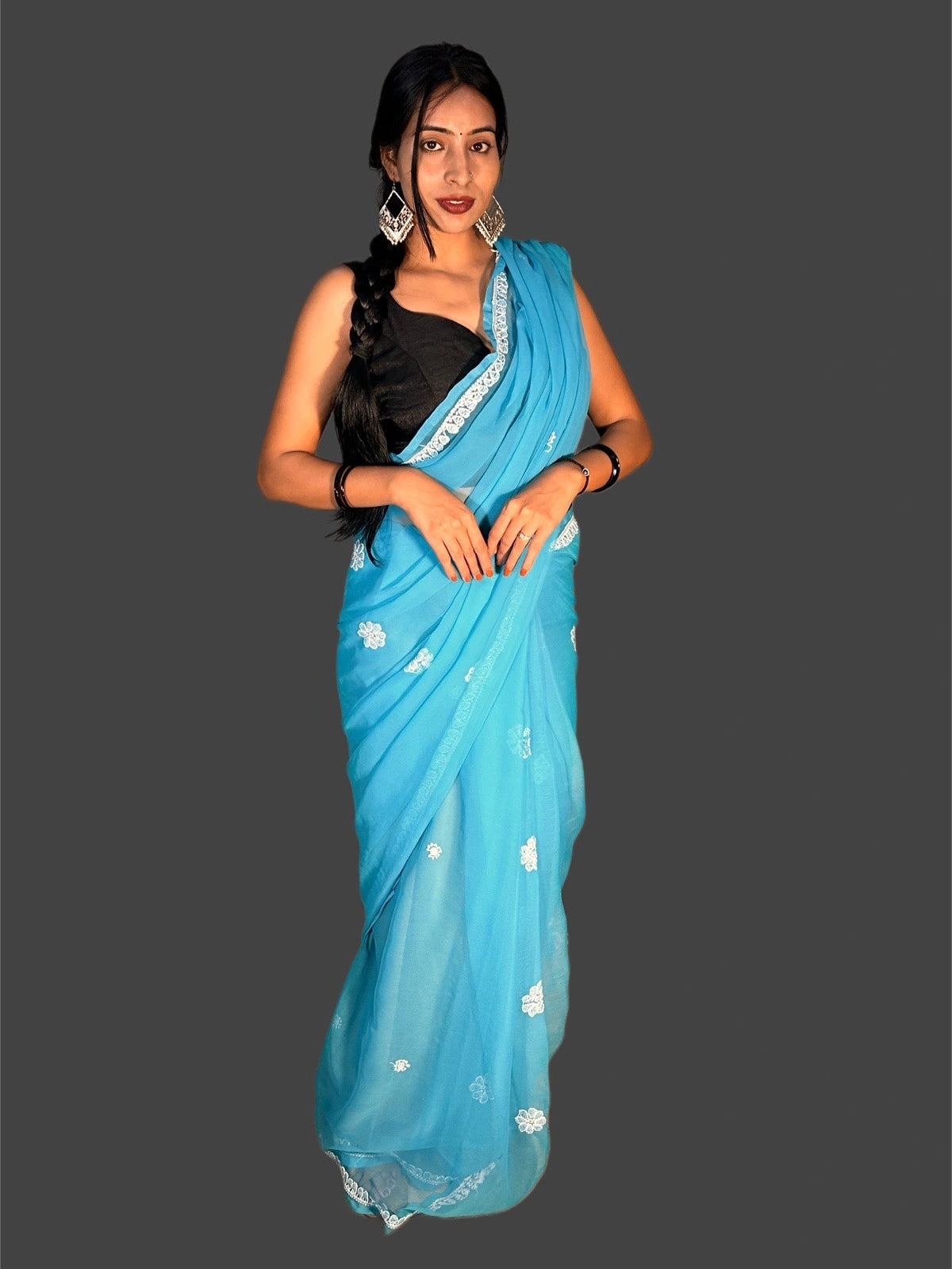 Lucknowi Chikankari Blue Georgette Saree (With Blouse)-S00012