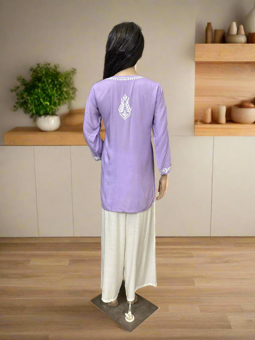Lucknowi Chikankari Lavender Modal Short Kurti-T50003