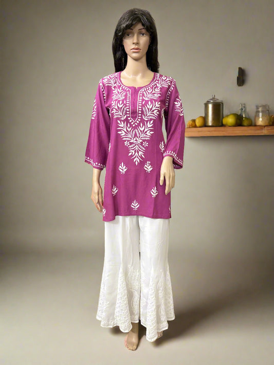 Lucknowi Chikankari Magenta Rayon Short Kurti-T50017