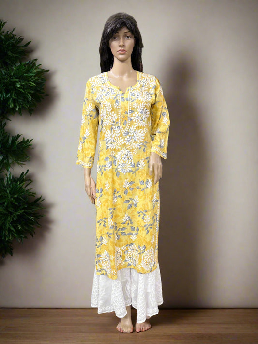 Lucknowi Chikankari Yellow Printed Cotton Kurti-K000179