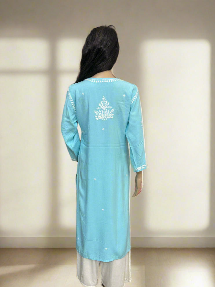 Lucknowi Chikankari Blue Rayon Kurti-K40084