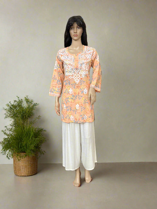 Lucknowi Chikankari Orange Printed Cotton Short Kurti-K000044