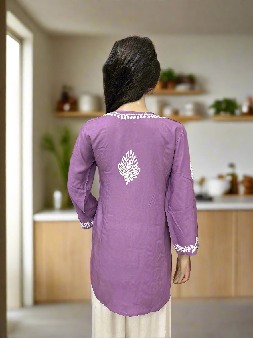 Lucknowi Chikankari Mauve Modal Short Kurti-T000053