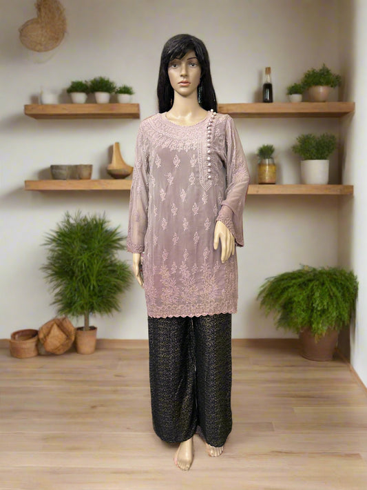 Lucknowi Chikankari Shaded Mauve Viscose Short Kurti-T40013