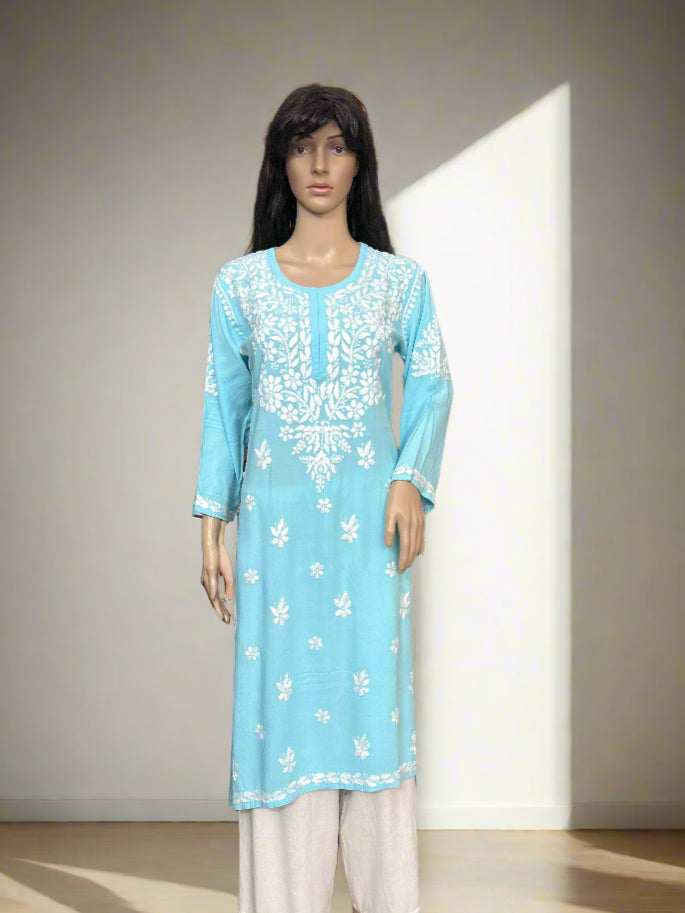 Lucknowi Chikankari Blue Rayon Kurti-K40084