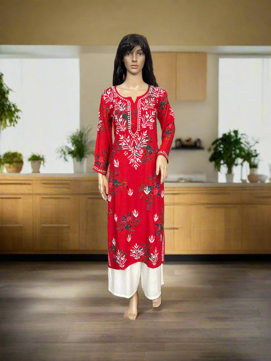 Lucknowi Chikankari Red Printed Rayon Kurti-K000074