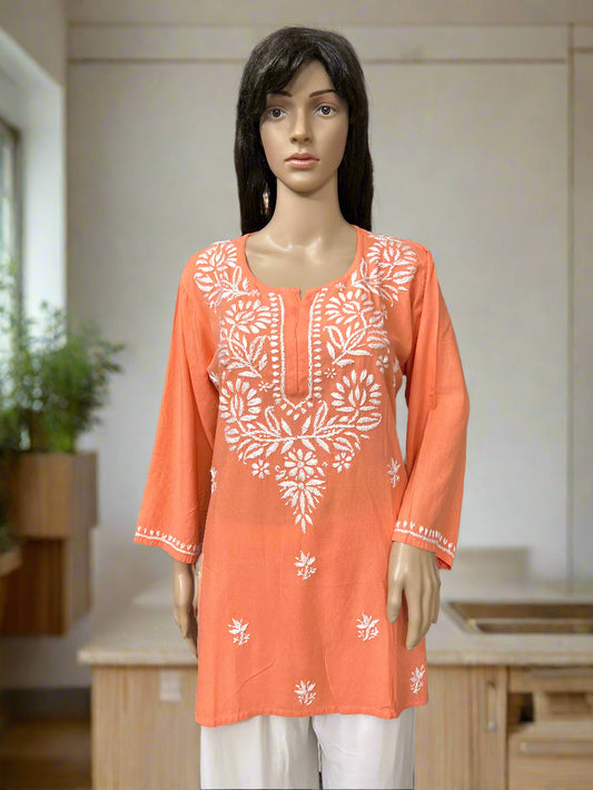 Lucknowi Chikankari Peach Rayon Short Kurti-T000075