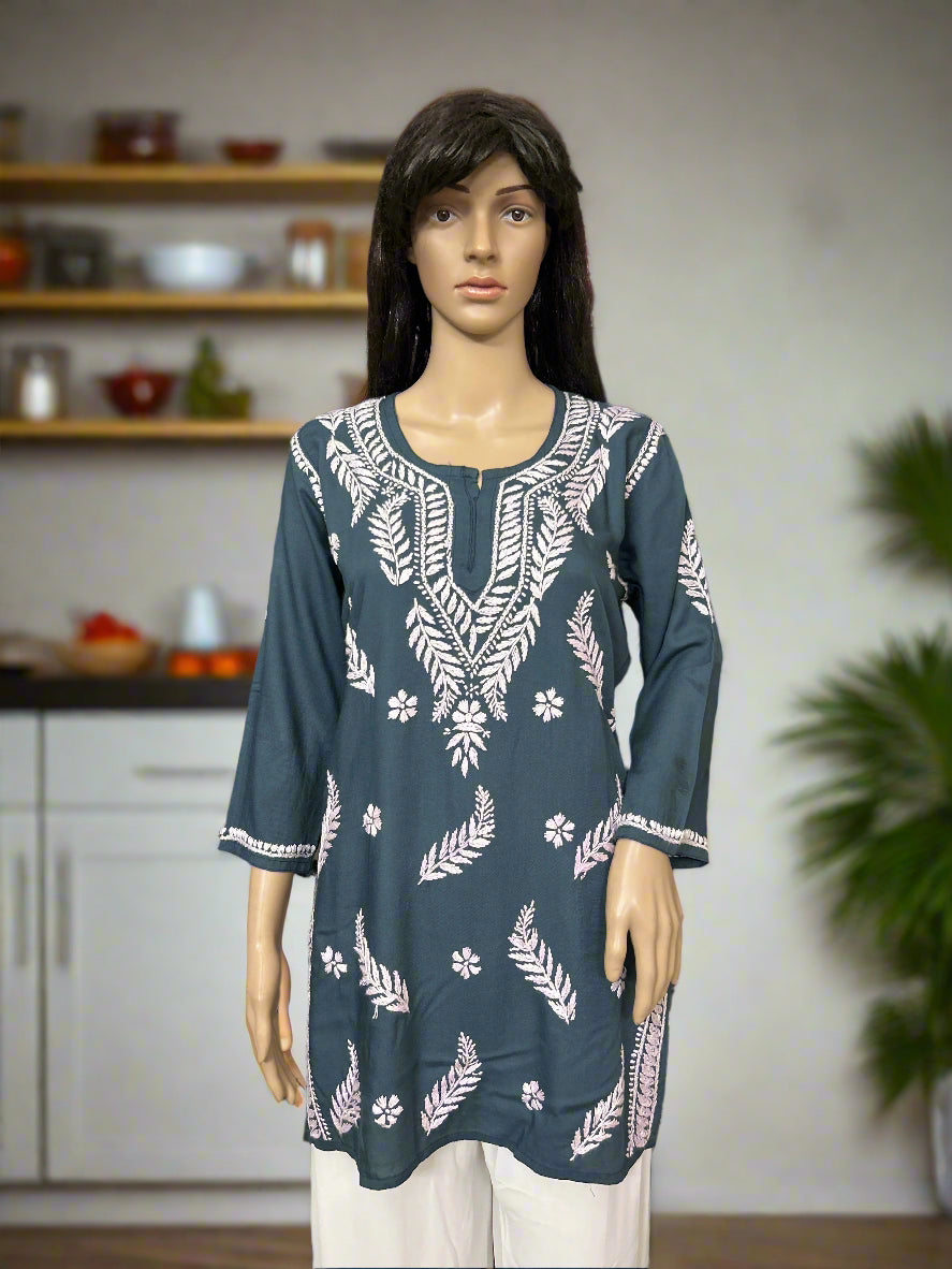 Lucknowi Chikankari Grey Rayon Short Kurti-T000081