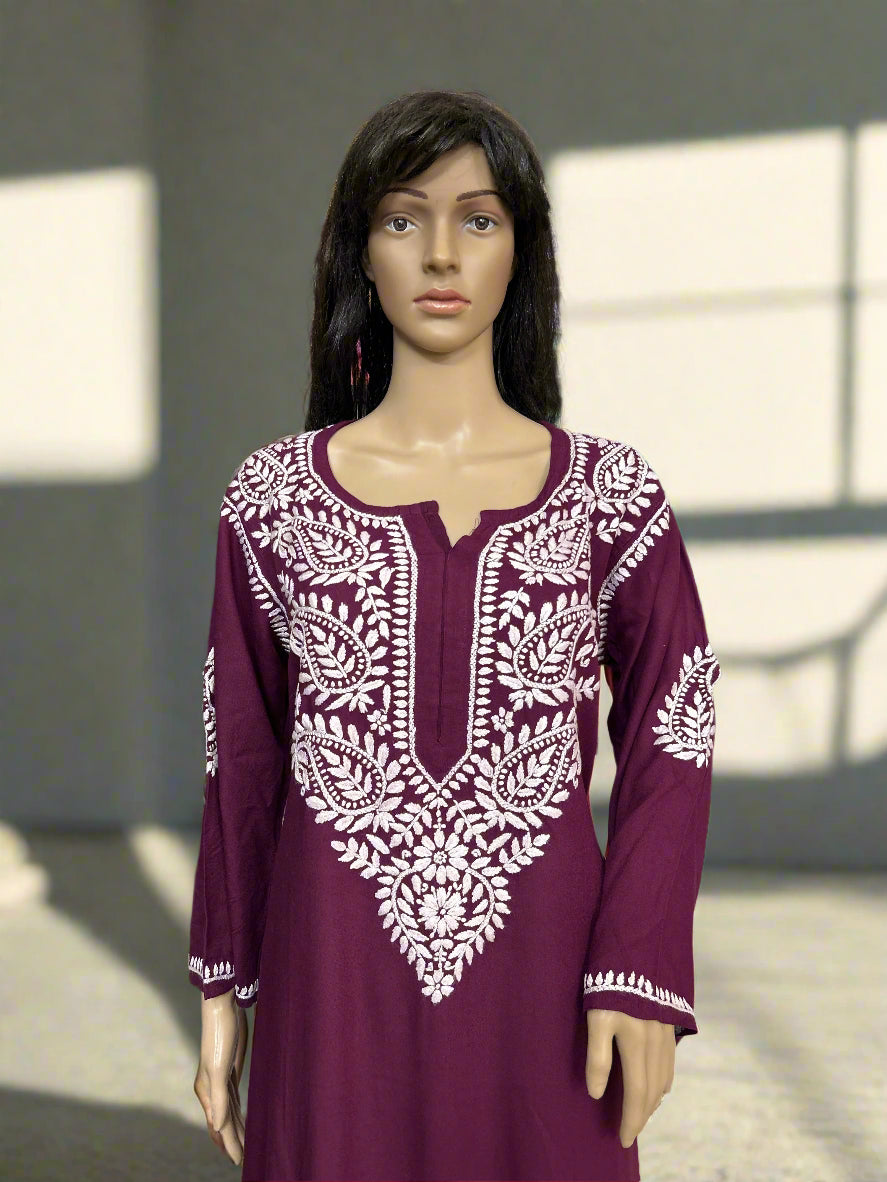 Lucknowi Chikankari Wine 'Jamuni' Rayon Kurti-K60059