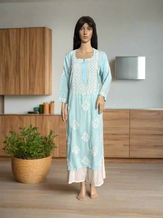 Lucknowi Chikankari Blue Modal Kurti-K60053