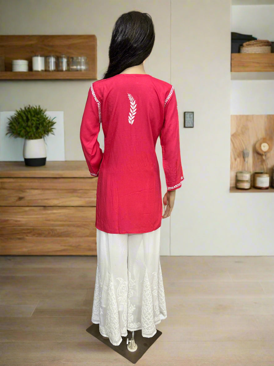 Lucknowi Chikankari Coral Pink Rayon Short Kurti-T2003