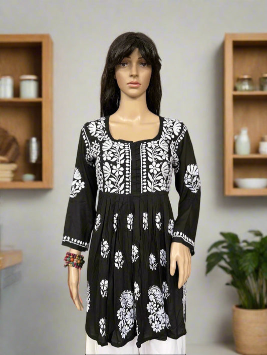 Lucknowi Chikankari Black Modal Short Kurti-T000040