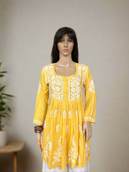 Lucknowi Chikankari Yellow Modal Short Kurti-T000036