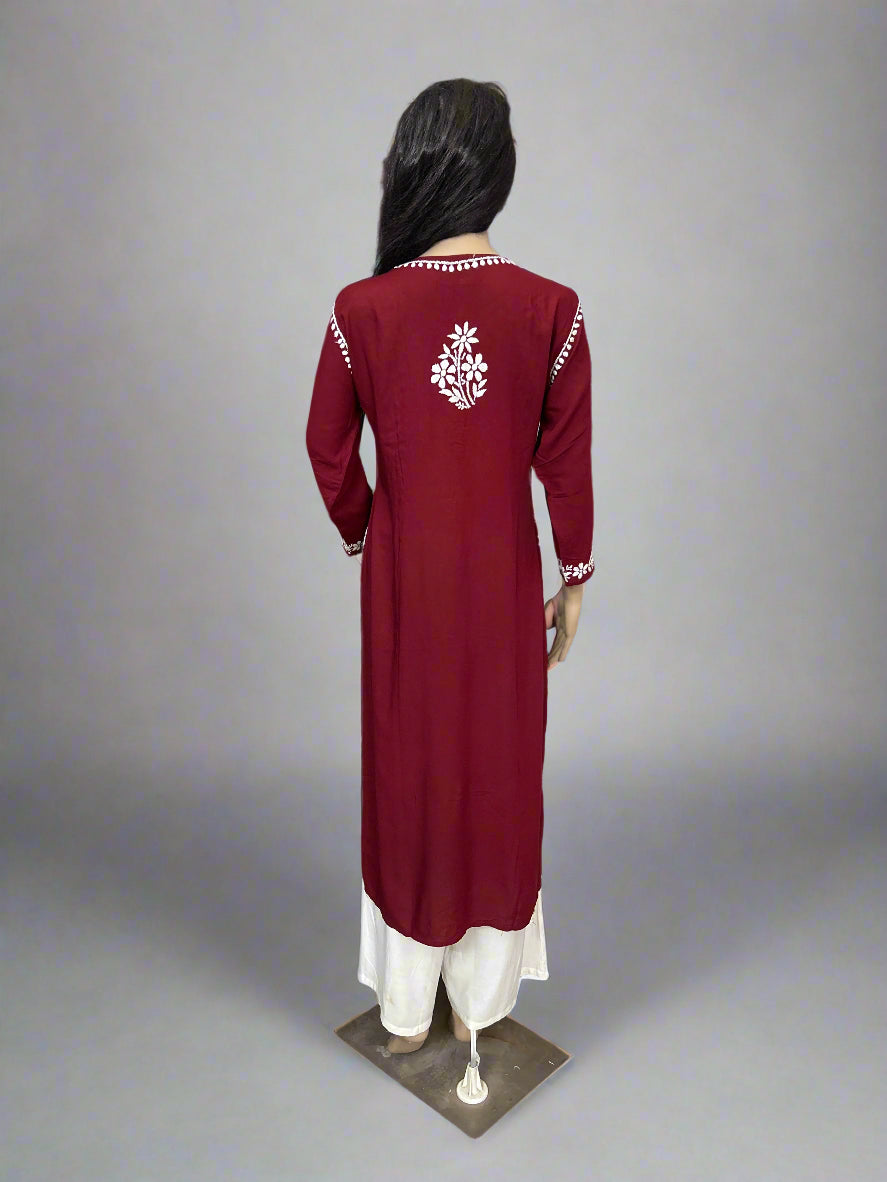 Lucknowi Chikankari Maroon 'Shafaq' Modal Kurti-K40094