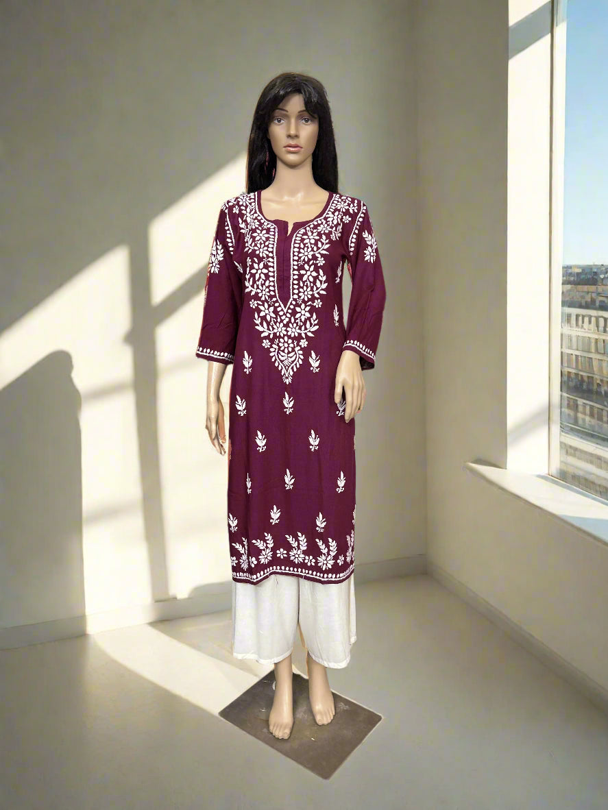 Lucknowi Chikankari Wine Rayon Kurti-K000159